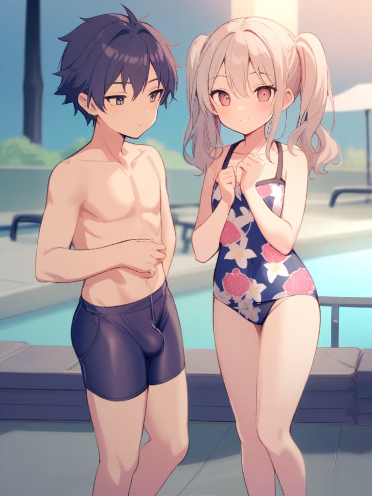  women's elementary students (male), twin tails, cute smiles, (rich s), low stature, dark blue swimwear, old swimwear, , simple (upward), male , (bulge), shaped clear , front , whole body, pool side,