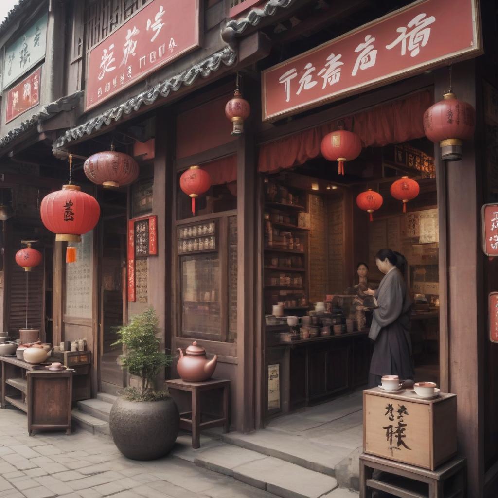  chinese town, tea store, tea ceremony, sign text “tea875”, epic foto, 4k