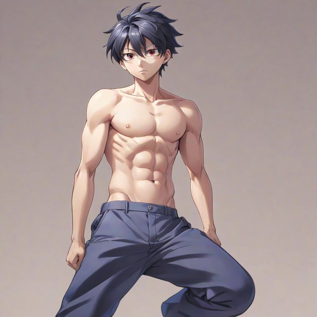  anime artwork gojo satoru with a bare torso in his pants poses, turning his head not much to the side . anime style, key visual, vibrant, studio anime, highly detailed