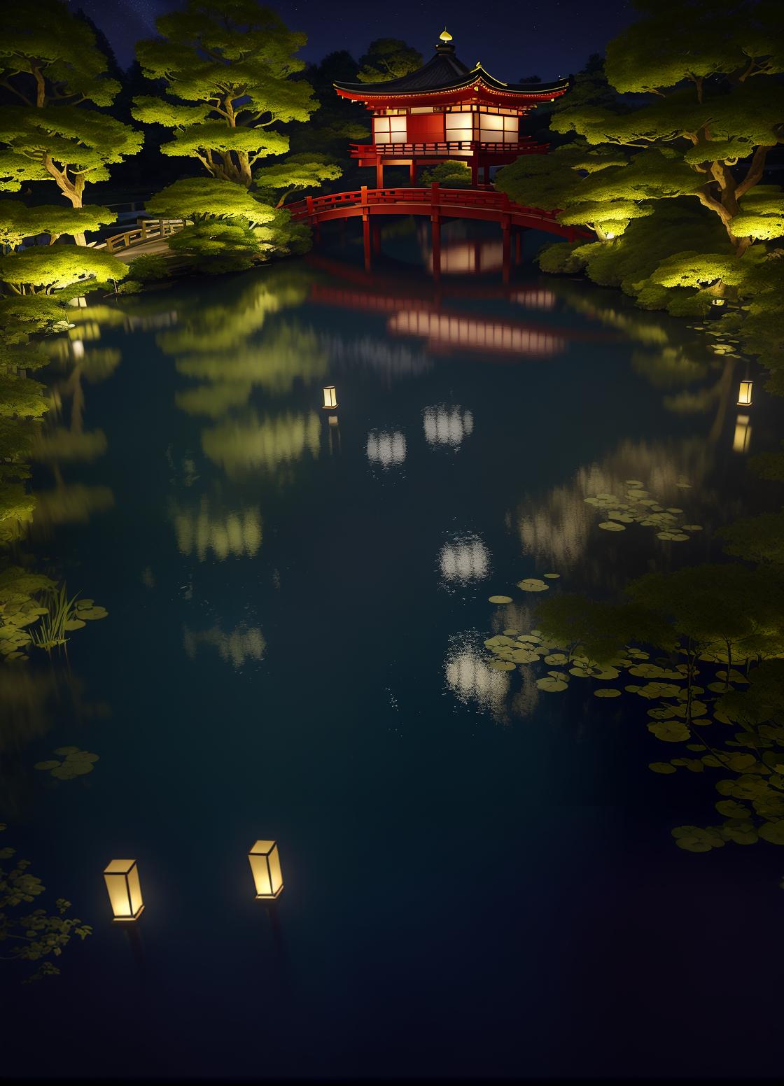  masterpiece, best quality, (fidelity: 1.4), best quality, masterpiece, ultra high resolution, 8k resolution, a night view inspired by japanese art, featuring a garden illuminated by paper lanterns and a wooden bridge spanning a tranquil lake, by the lakeside, there is a small zen temple. the water reflects the starry sky.