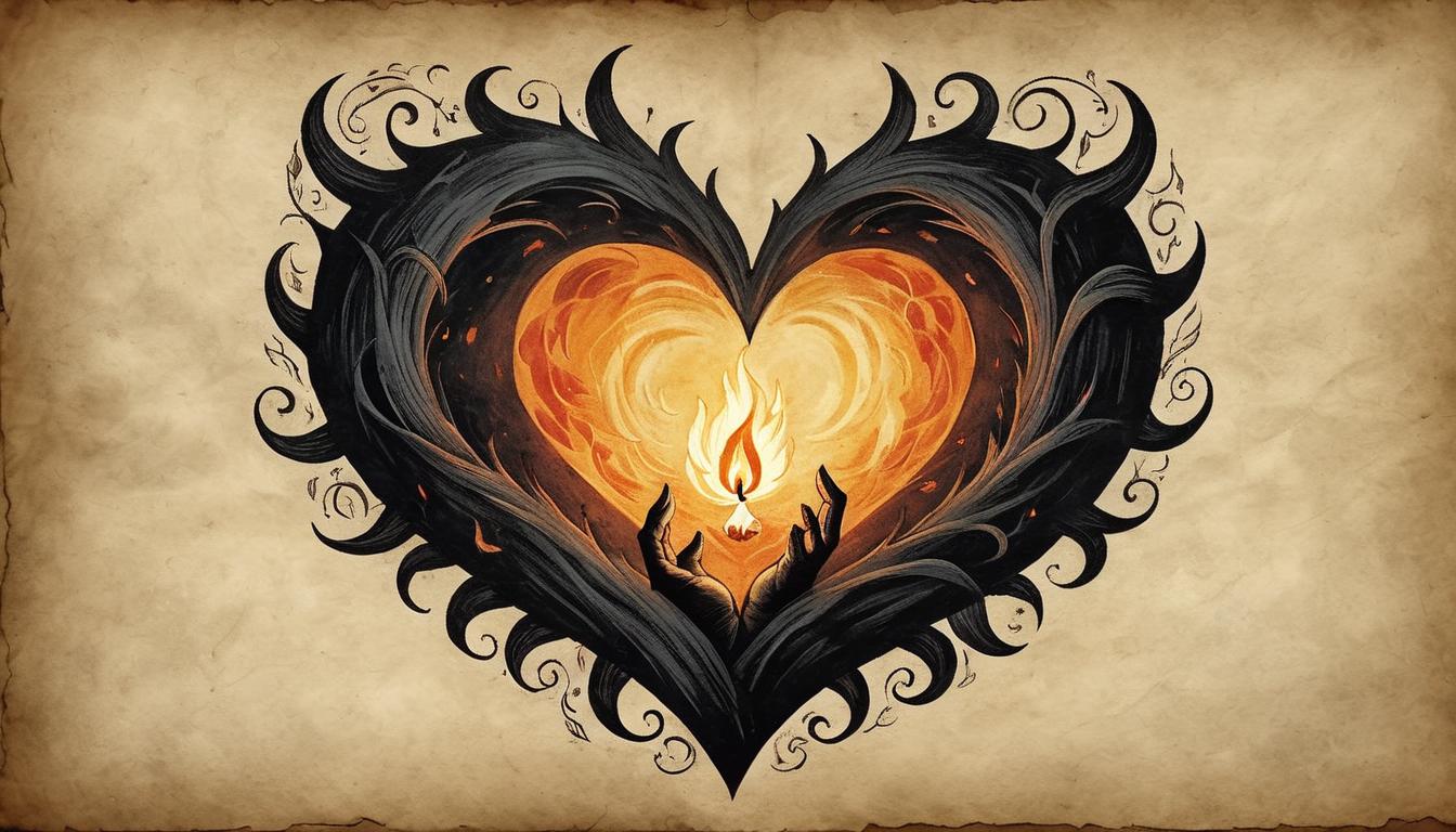  on parchment, surrealism+++, small, fierce flame within a heart shaped ember, dark surroundings, subtle glow, symbol of inner strength, fed by struggles, silent growth, quiet resilience, divine fire.(mysterious, provocative, symbolic,muted color)+++