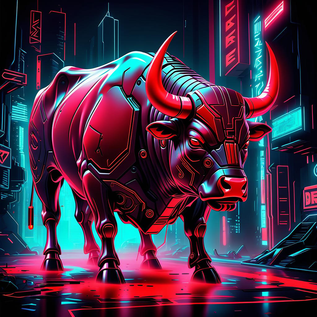  cyberpunk game style draw a bull a red color, perfect background . neon, dystopian, futuristic, digital, vibrant, detailed, high contrast, reminiscent of cyberpunk genre video games