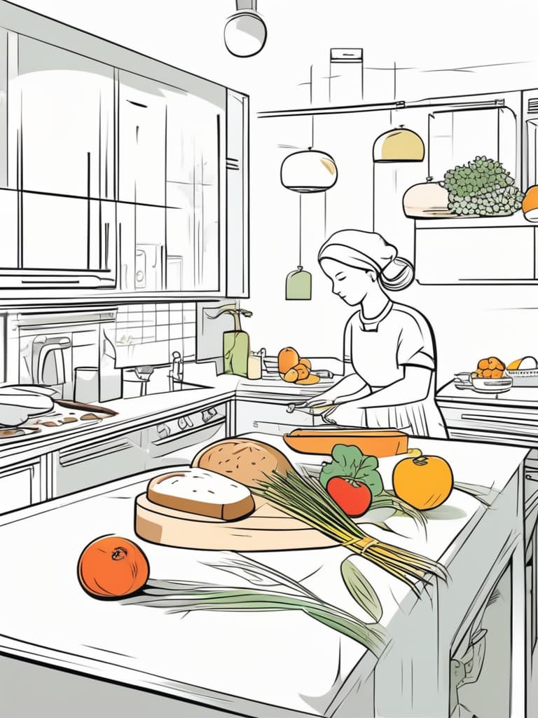  line art drawing the smell of baking in the kitchen, bread in the oven and fresh fruit and vegetables on the operating table。. professional, sleek, modern, minimalist, graphic, line art, vector graphics