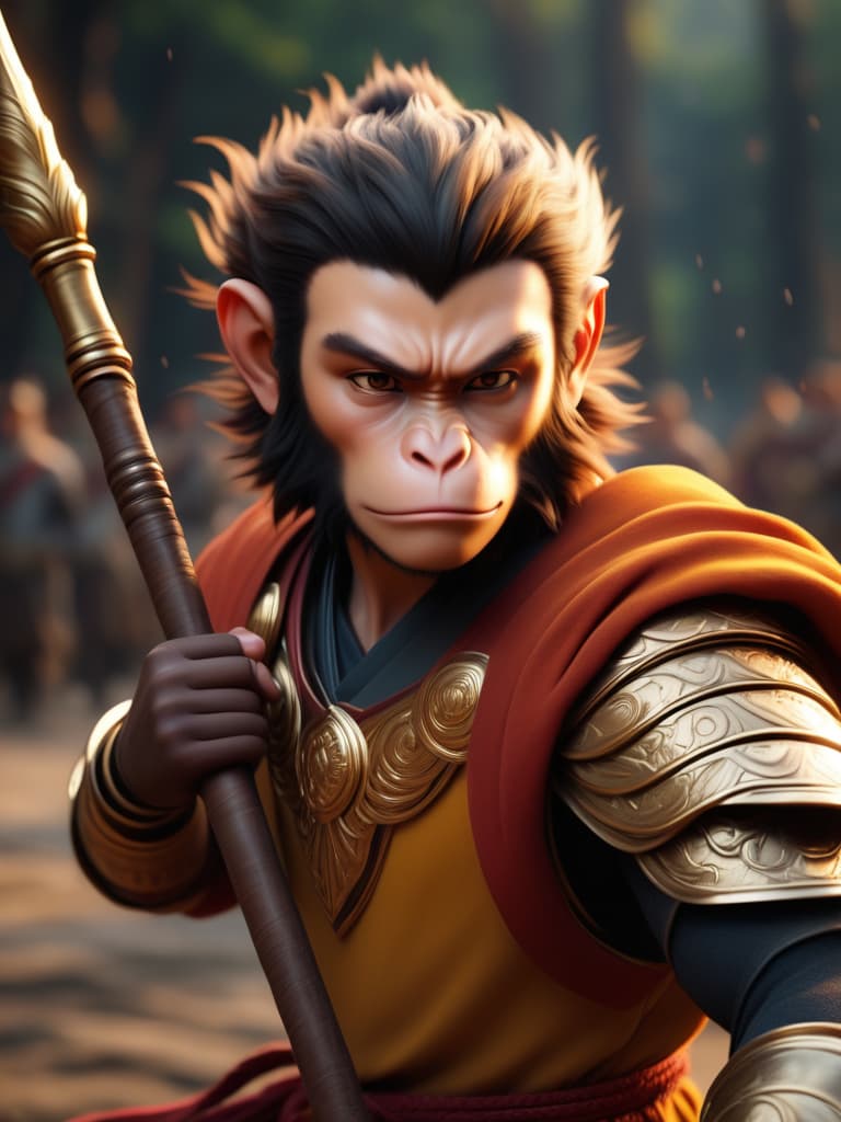  monkey king, 8k, best quality, masterpiece, (ultra detailed), heishenhua artist style, game style, cg, armor, letterboxed, weapon, solo, stick weapon, blurry background, holding golden stick, male focus, full armor, shoulder armor, 1 man monkey face, upper body, facing viewer, cape, dramatic chiaroscuro, wide angle lens, high contrast, intense brush strokes, motion blur, dynamic composition, vivid realism, hd quality, natural look, movie still, film still, cinematic, cinematic shot, cinematic lighting, 35mm film