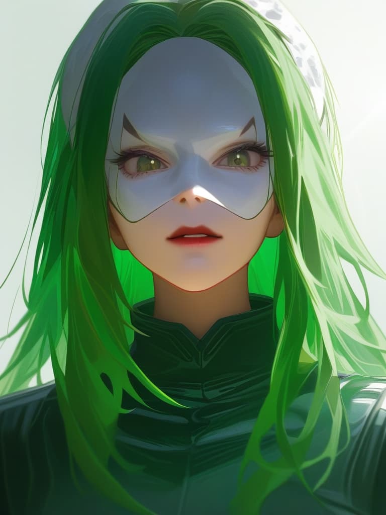  portrait view of a anime women,full white militar uniform hat,half face,joker mask,women face,photorealistic anime style,giger style,pop art tendencies,strong facial expression,(((green hair))),professional illustration,bold colors,chiaroscuro,beautiful shades,intense close ups,bright and glossy surface textures,octane render,zbrush ar 1:1 s 750