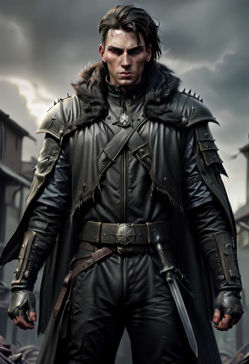  dystopian style human male warlock, simble plain black leather jacket, grey cape, two swords, dark town background . bleak, post apocalyptic, somber, dramatic, highly detailed, civitai