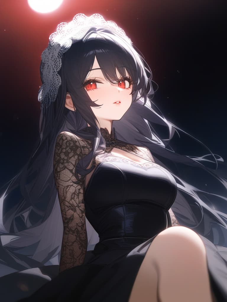  masterpiece,1girl,black hair,red eyes,long hair,slender,black dress,head dress,lace gloves,black lace,lips,