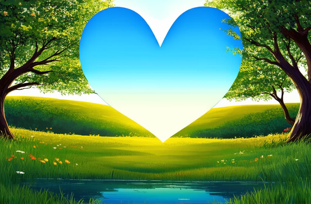  flat illustration, flaticon, (illustration:1.15), bright 3d heart shape with nature landscape ar 3:2, [cory loftis, strobist, pascal campion :: 0.2]