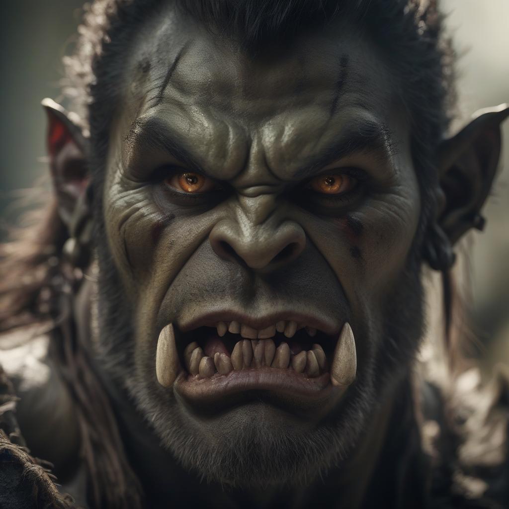  cinematic film still orc. thin, dark skin, fangs. brown eyes, . shallow depth of field, vignette, highly detailed, high budget, bokeh, cinemascope, moody, epic, gorgeous, film grain, grainy