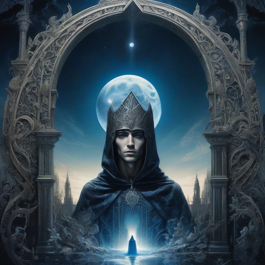  judge on the throne. black dungeon. a man in a cloak and hood. the man in the grotto. judge on the throne. black dungeon. moon. moonlight. big moon. silver rays. (portal: 1,5). portal room. (mirrors: 1.5). (mirror in wall: 1.5). mirror shows blue sky, field, sunlight. another world. double exposure. detailed, detailed drawing. stylistics: intricate zentangle patterns in the manner of karol bak, rahaf dk albab, andrew jones. bright colors. high quality and detail. hdr. masterpiece. double exposure.