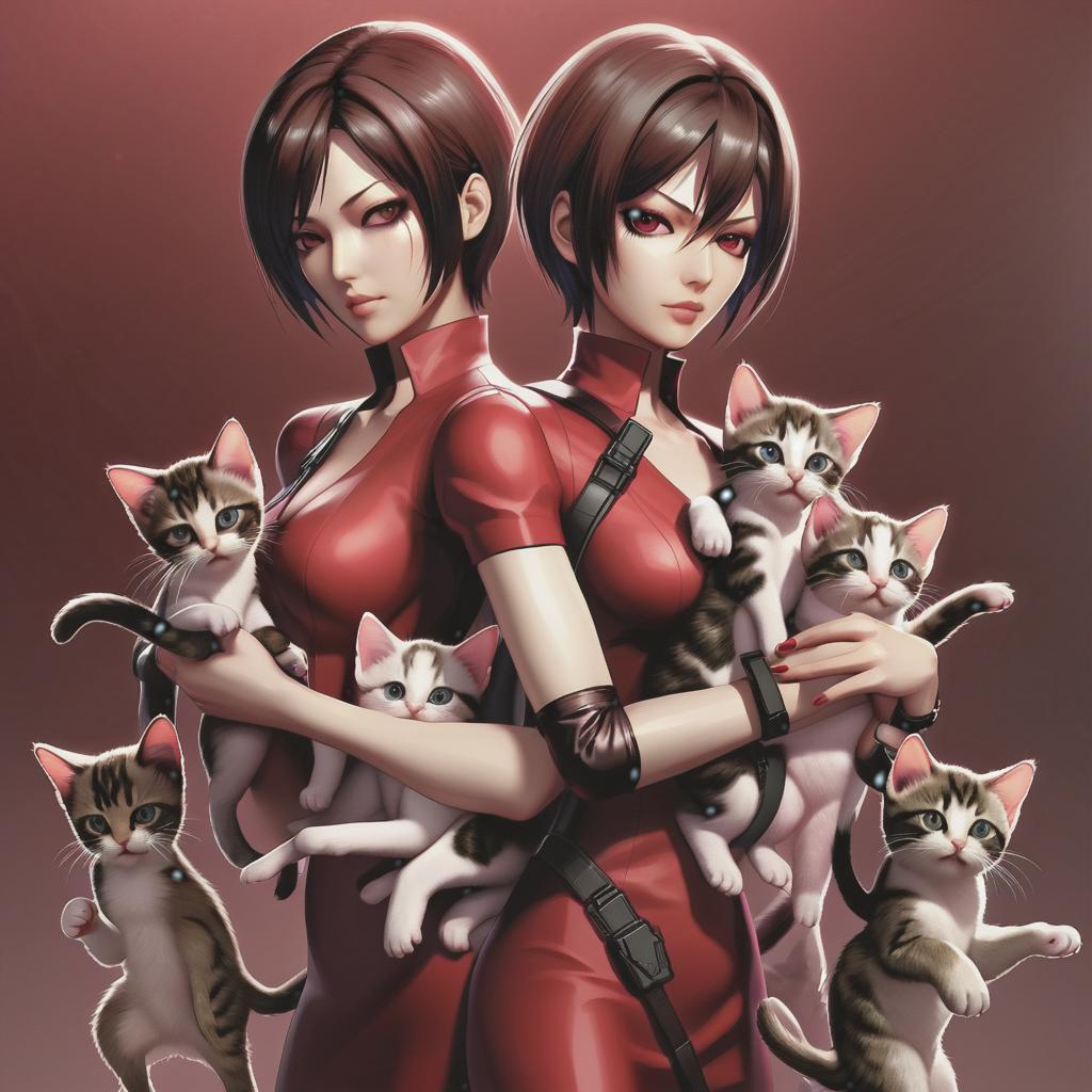  ada wong from game resident evil holds a bunch of little kittens in her hands.