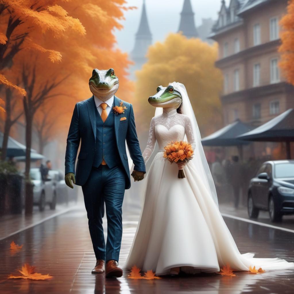  Cute cartoon crocodiles in the clothes of the bride and groom walking around the autumn city in the rain, bright dynamic picture in the style of kortoon, fantasy, digital animation, realistic, drawing details