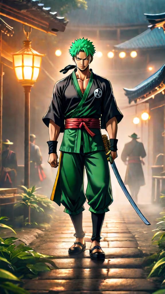  anime art of zoro from one piece contemplatively looking ahead, surrounded by swirling mysterious paths. hyperrealistic, full body, detailed clothing, highly detailed, cinematic lighting, stunningly beautiful, intricate, sharp focus, f/1. 8, 85mm, (centered image composition), (professionally color graded), ((bright soft diffused light)), volumetric fog, trending on instagram, trending on tumblr, HDR 4K, 8K