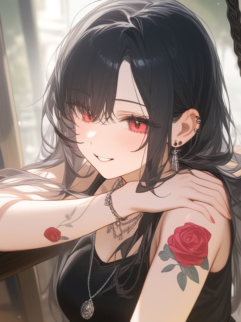  long hair, black hair, hair tips are pink, red eyes, hanging, bangs, and length of bangs, adults, adult faces, piercings, necklaces, hair are light pink and black, thin makeup on the arm. there is a rose tattoo, a rose tattoo on your arm, smiling, masterpiece, best quality,8k,ultra detailed,high resolution,an extremely delicate and beautiful,hyper detail