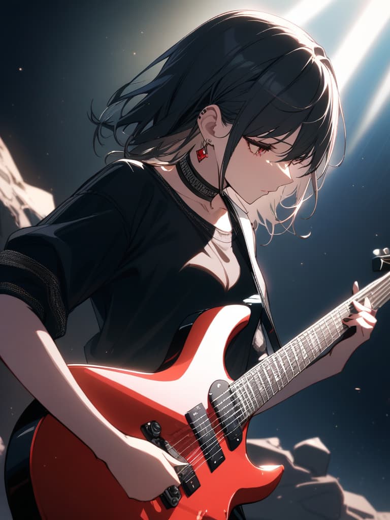  ((guitarist girl:1.5)),((guitar,beautiful,pretty girl,rock,rock guitar)),((rock band,medium hair,black hair,red mesh:1.7,cool,cool girl,choker,black t shirt,earrings,live,red proof:1.2))、ultra detailed,(masterpiece: 1.2),(best quality: 1.2),detailed background,high contrast,(best lighting,very delicate and beautiful),dramatic light,intricate details,very aesthetic