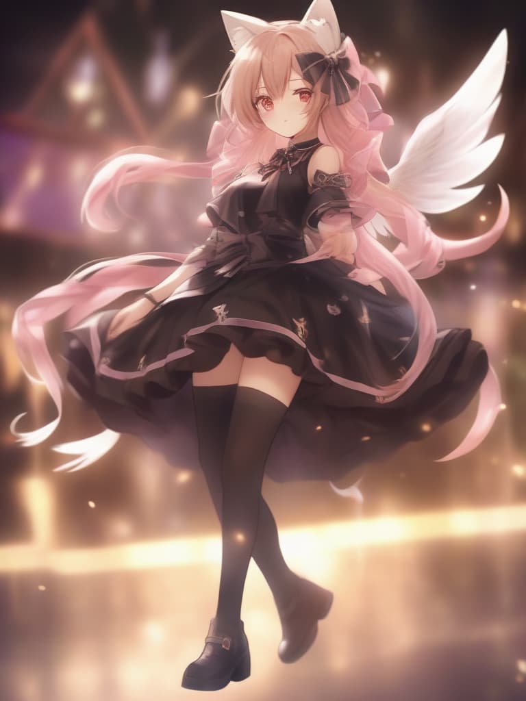  1girl,solo,long hair,blush,looking at viewer,bangs,eyebrows visible through hair,thighhighs,dress,ribbon,original,bow,brown eyes,animal ears,holding,very long hair,jewelry,closed mouth,standing,hair ribbon,pink hair,hair bow,short sleeves,cowboy shot,wings,sleeveless,cat ears,pink eyes,necklace,zettai ryouiki,black dress,blurry,two side up,animal ear fluff,leaning forward,black ribbon,black bow,depth of field,blurry background,cross,staff,feathered wings,backlighting,holding staff