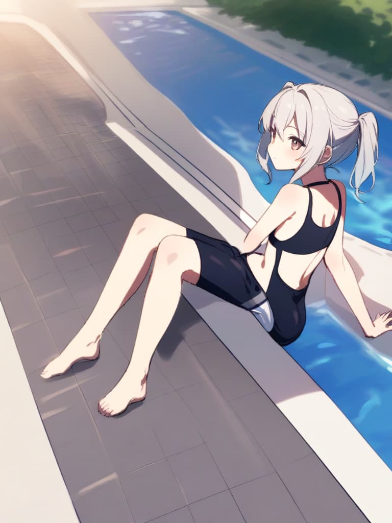  women's elementary students (male), twin tails, cute smiles, (rich s), low stature, dark blue swimwear, old swimwear, swimwear, simple (upward), male , (bulge), front, whole body, pool, pool. side,