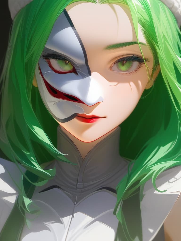  portrait view of a anime women,full white militar uniform hat,half face,joker mask,women face,photorealistic anime style,giger style,pop art tendencies,strong facial expression,(((green hair))),professional illustration,bold colors,chiaroscuro,beautiful shades,intense close ups,bright and glossy surface textures,octane render,zbrush ar 1:1 s 750