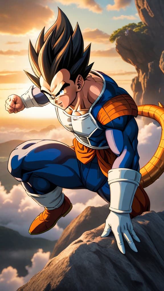  anime art: dragon ball vegeta's untapped potential as the true savior of saiyan race, surpassing even goku. hyperrealistic, full body, detailed clothing, highly detailed, cinematic lighting, stunningly beautiful, intricate, sharp focus, f/1. 8, 85mm, (centered image composition), (professionally color graded), ((bright soft diffused light)), volumetric fog, trending on instagram, trending on tumblr, HDR 4K, 8K