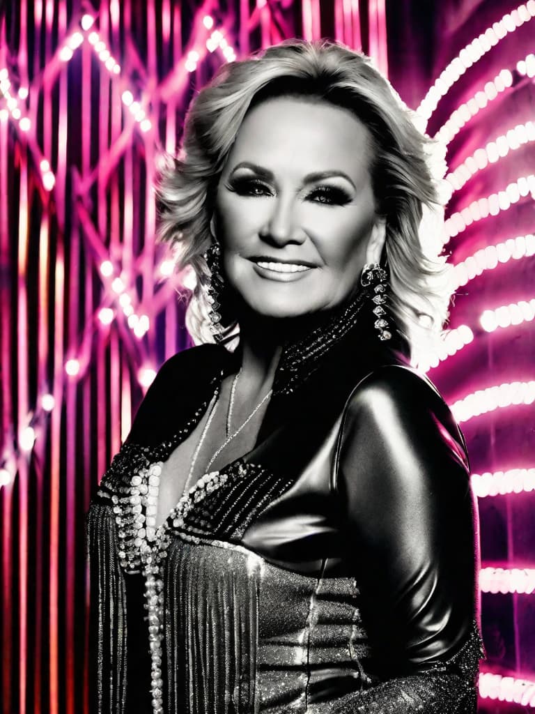  The country singer Tanya Tucker, medium shot, upper body, spotlight, long exposure lighting, street art style spray paint, glamour lighting