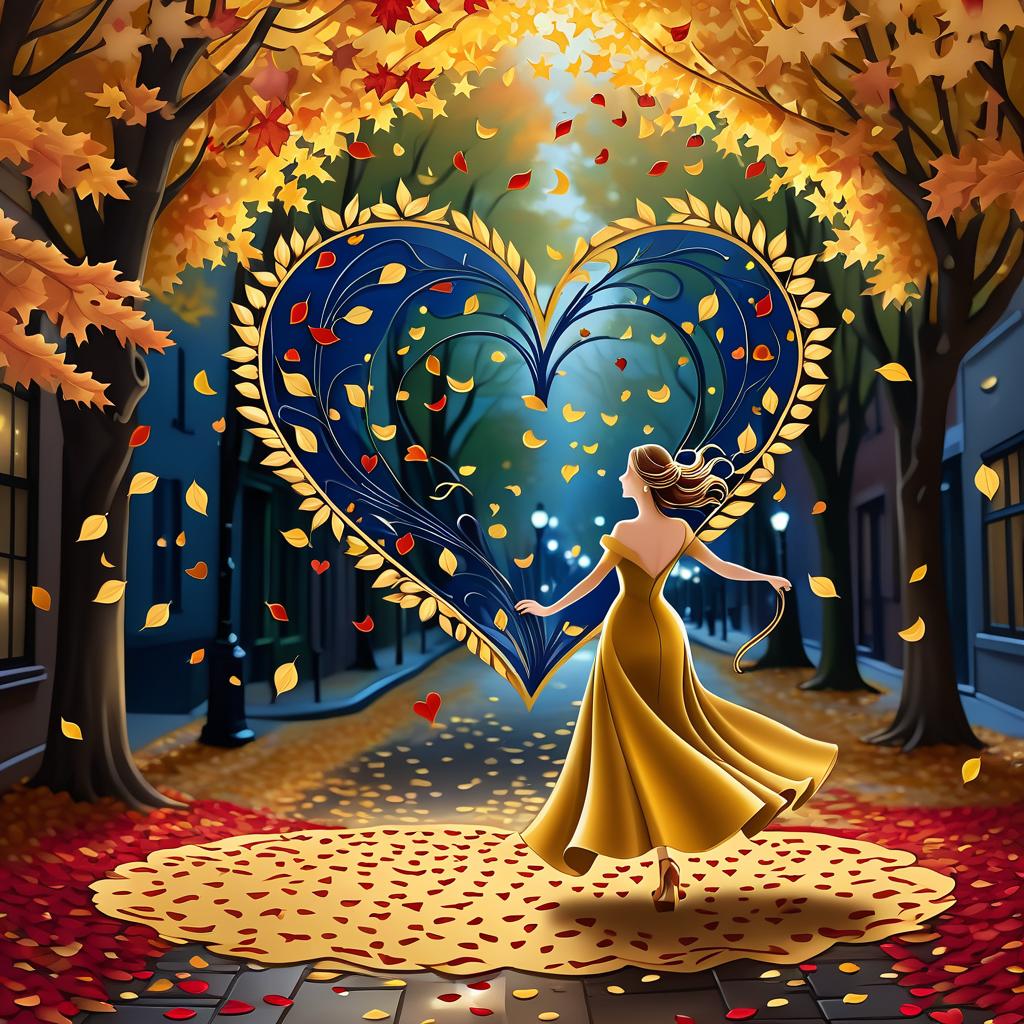  luxury product style on a carpet of yellow leaves in a simple dress of wind given crepe autumn danced a waltz boston in an alleyway. the warm day flew away and the saxophone sang hoarsely. (background of the card): falling autumn leaves, a whirlwind of autumn leaves, wind saxophone, a box of chocolates, the inscription "autumn waltz", a greeting card. (heart), a beautiful figure made of contours in the shape of a heart. (heart colour): night sky background, stars, gold pattern. (style):fantasy, autumn art, autumn romance. (colours):gold, green gold, navy blue, red, red gold, brown gold, silver, golden blue, bluish blue, dark blue on gold . elegant, sophisticated, high end, luxurious, professional, highly detailed