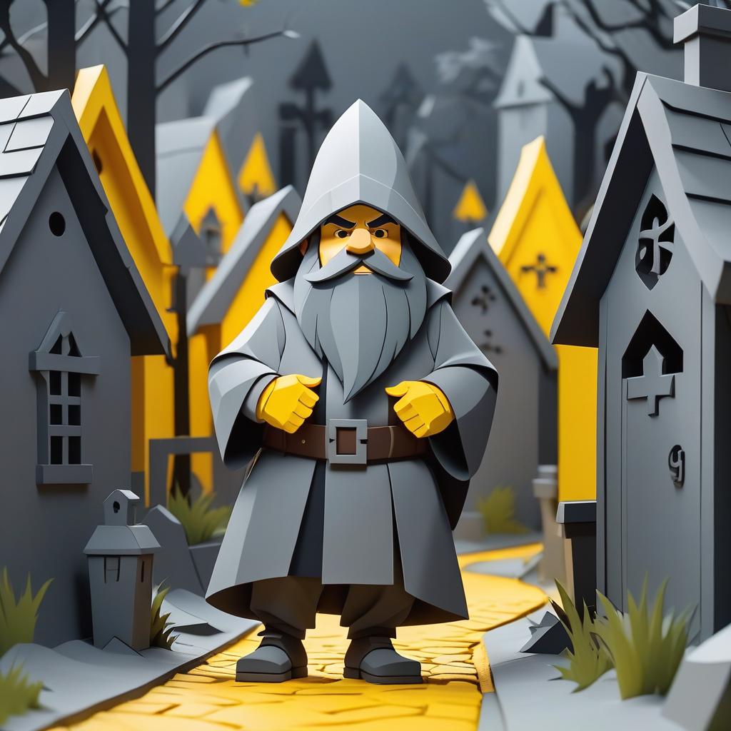  flat papercut style dwarf in gray clothes. stands on the yellow path. in the village where all the houses are coffins. . silhouette, clean cuts, paper, sharp edges, minimalist, color block