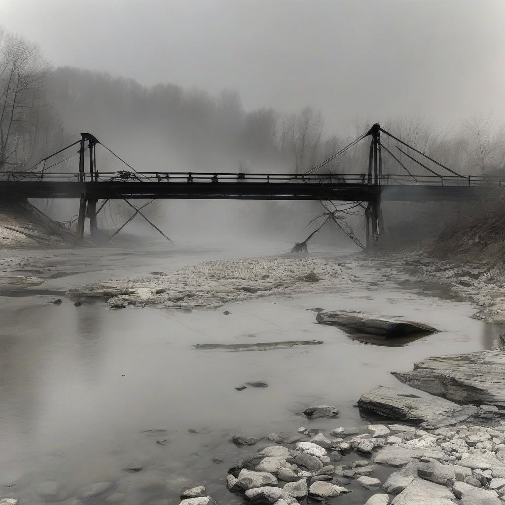  river, fog, blown up bridge, burnt tank.