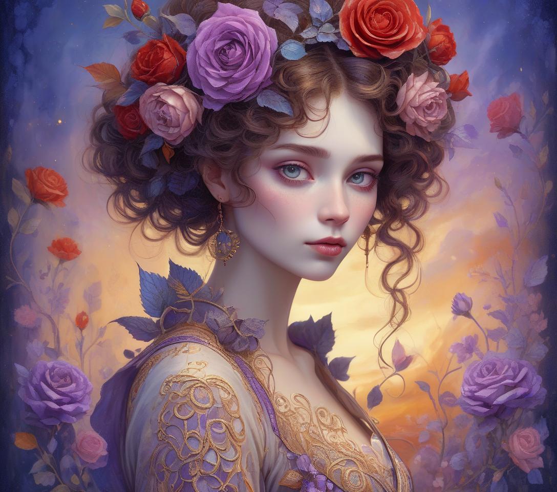  concept art a close up full body portrait of an stylish beautiful woman dressed in klimt style with a beautiful and very detailed face,style of jean baptiste monge, van gogh style, so many kind of flowers ,roses, klimt style. sunset. background, masterpiece, use shades of purple , blue, red and green best quality, super detailed, high resolution, very detailed, 8k uhd, realistic, (natural light), amazing, fine details, best, high quality, raw photo. arte nova. ember filigree and lace. . digital artwork, illustrative, painterly, matte painting, highly detailed