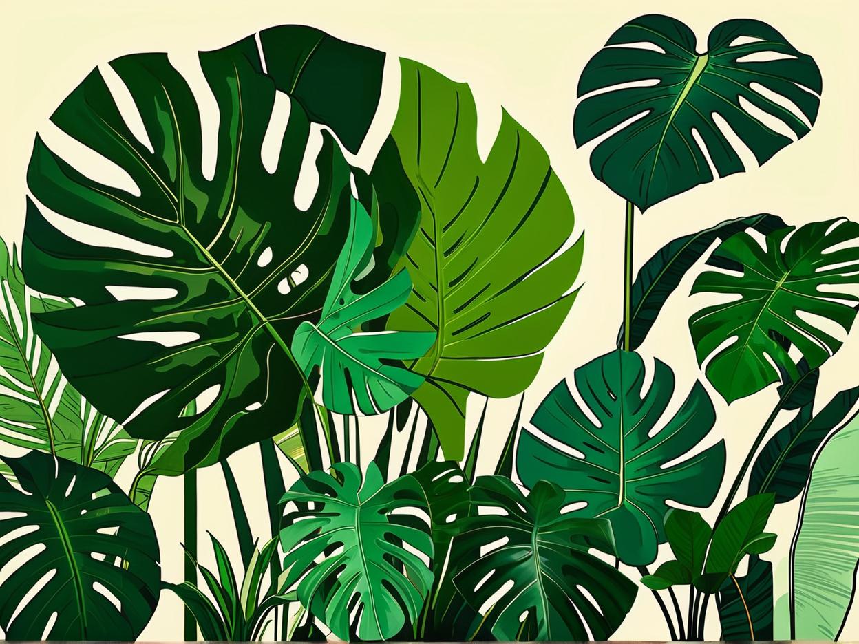  minimalism, the scene displays a lush, tropical landscape, filled with a dense arrangement of broad, green leaves from various types of tropical plants. the foliage consists of large banana leaves, palm fronds, and possibly monstera leaves, creating a rich, textured canopy that feels both vibrant and calming. the variety of green shades, along with the natural layering of the plants, conveys a deep, almost jungle like atmosphere, reminiscent of a serene, thriving tropical rainforest., abstract, simple geometic shapes, hard edges, sleek contours, minimalism