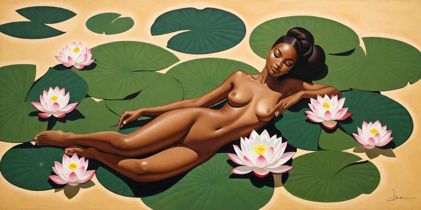  minimalism, painting of a beautiful black woman. she lays, surrounded by lotus flowers and pads. naked. she has brown legs. she has brown feet. she is in a divine pose., abstract, simple geometic shapes, hard edges, sleek contours, minimalism