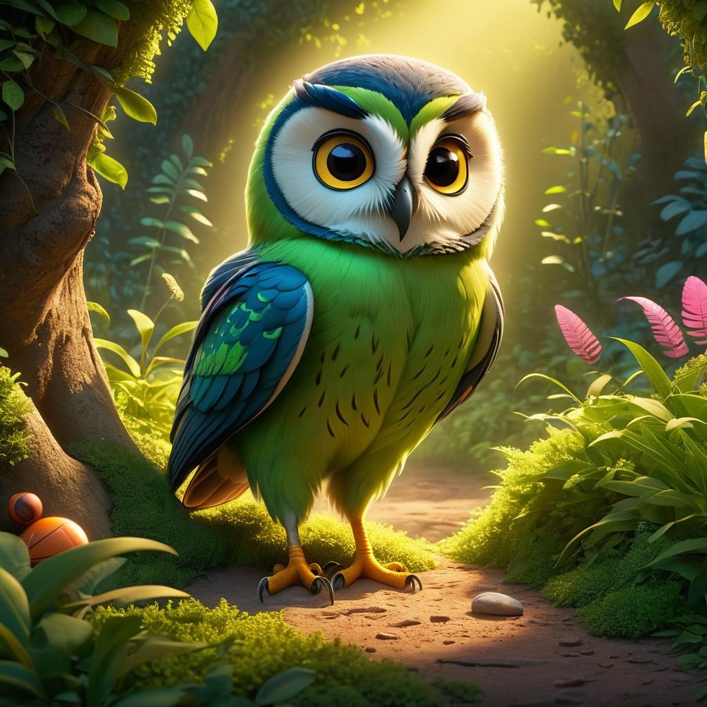  in 3d animated movie style. disney pixar style. shakil, old in t shirt, shorts, sneakers, curious, adventurous, kind hearted. friends of various ages, , energetic, in colorful attire. guardian owl, ancient, colorful feathers, wise eyes, mysterious, protective. environment: dense bush, fading light, lost cricket ball search. art style: detailed pixar 3d animation. color/light: earthy green, soft fading light, warm, mysterious. camera: low angle, close to shakil, emphasizing bushes, mystery, adventure.