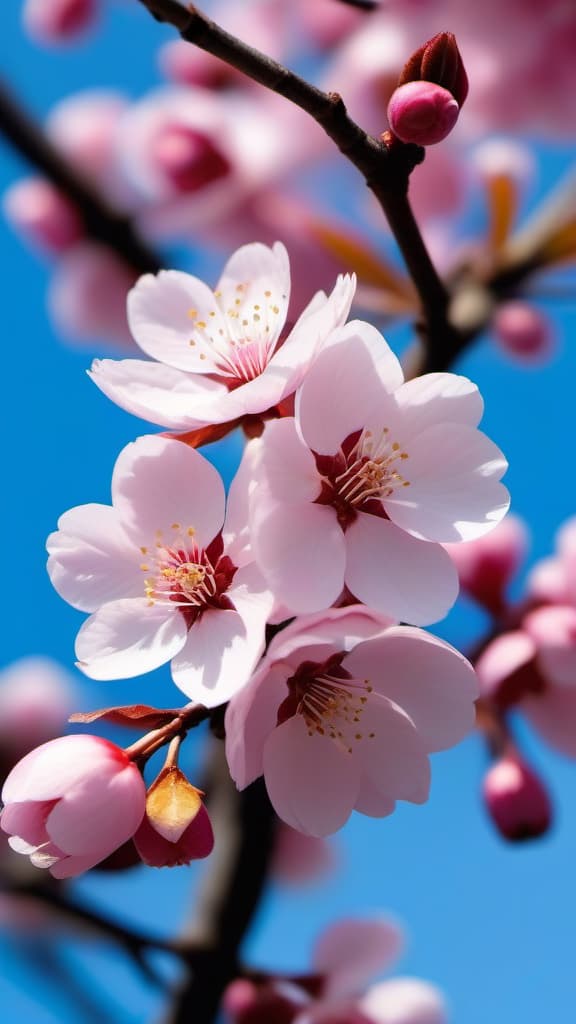  a close up shot of a blooming cherry blossom tree, with delicate pink petals set against a clear blue sky.