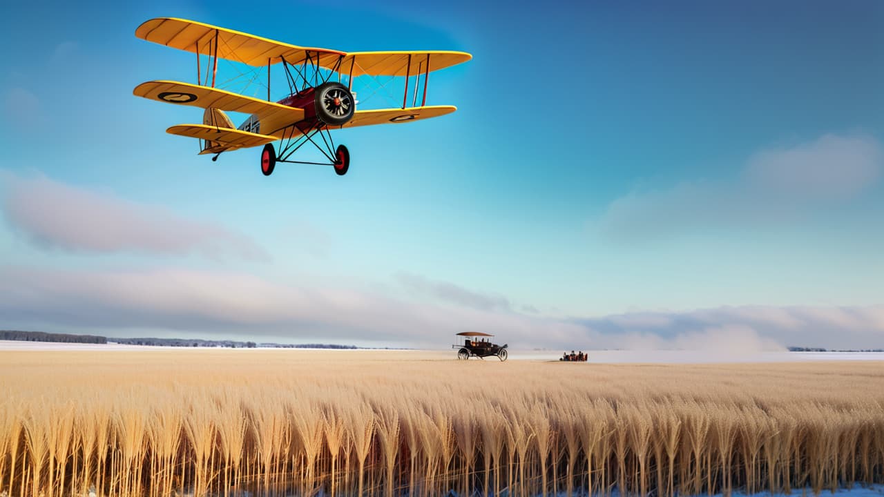  a vintage scene depicting the wright brothers' first flight, with a wooden biplane taking off from a snowy field, surrounded by amazed onlookers, tall grass swaying, and a clear blue sky above. hyperrealistic, full body, detailed clothing, highly detailed, cinematic lighting, stunningly beautiful, intricate, sharp focus, f/1. 8, 85mm, (centered image composition), (professionally color graded), ((bright soft diffused light)), volumetric fog, trending on instagram, trending on tumblr, HDR 4K, 8K