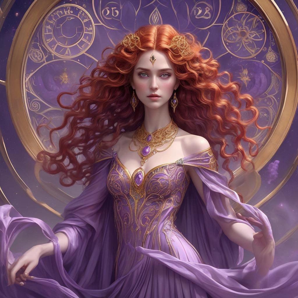  concept art a sorceress of time, long crimson pre raphaelite style hair with curls forming fibonacci spirals, robed in a lavender gown that flows like liquid gold, intricate and luxurious, a vision of beauty that defies the ages. opalescent, pearlescent, prismatic, luminescent, zentangle, filigree, molten gold, masterpiece museum quality, by josephine y this portrait combines the mystique of ancient deities with the grace of modern aesthetics, inviting the viewer into a world where magic reigns supreme. chaos 40 ar 3:4 stylize 800, trending on artstation, sharp focus, studio photo, intricate details, highly detailed, by greg rutkowski . digital artwork, illustrative, painterly, matte painting, highly detailed