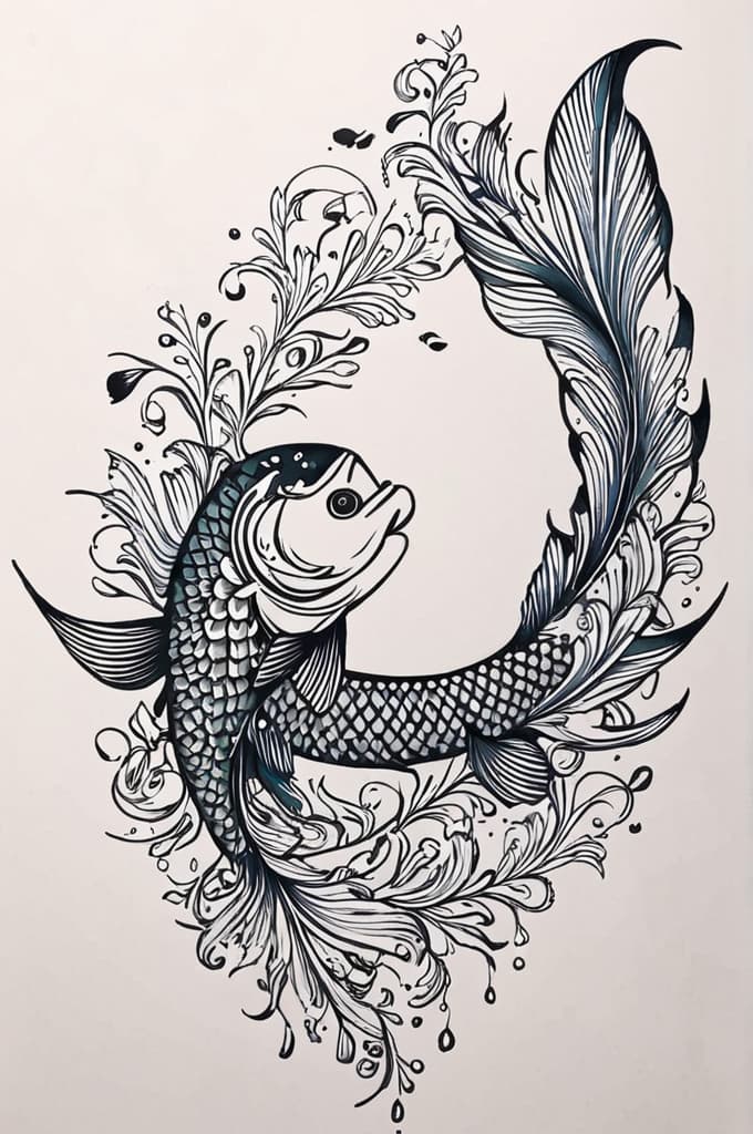  two gentle fish swiming elegantly i open , (tattoo sketch:1.25), drawing