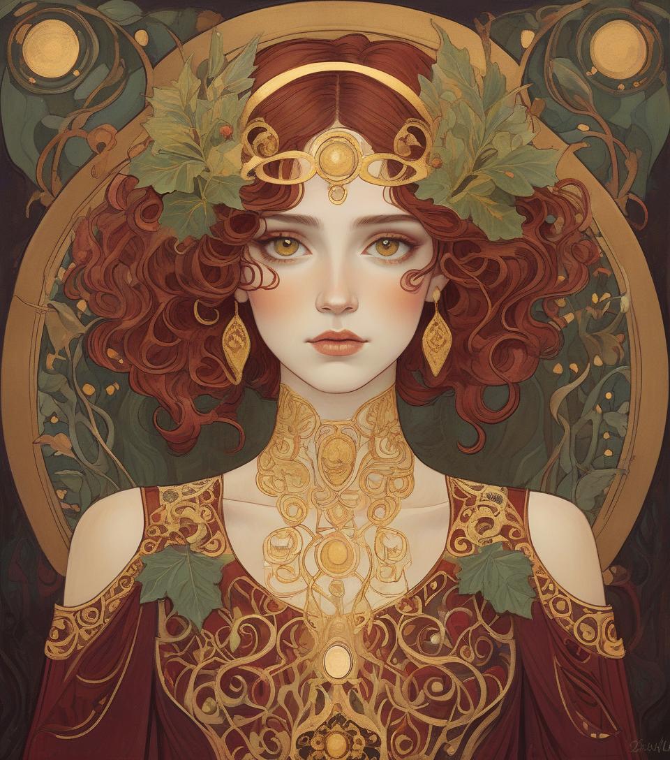  an illustration of a woman with a decorative halo, reminiscent of art nouveau style, featuring intricate patterns and gold accents. beautiful portrait. colors kale, gold, rust, burgundy, black. an illustration of a woman with hazel eyes, a decorative metallic gold halo, reminiscent of art nouveau style, featuring intricate patterns and gilded accents, created in the detailed painting technique reminiscent of the style of gustav klimt's work.