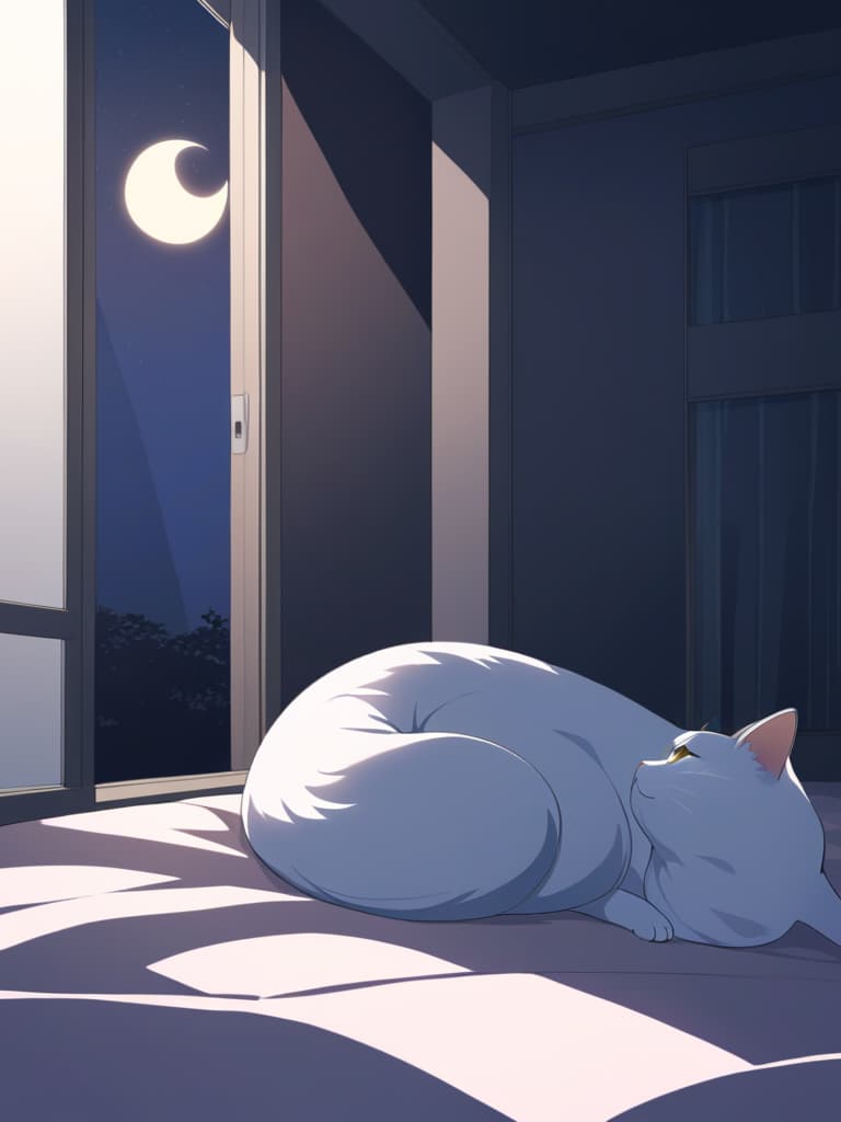  1cat,small cat ,japanese cat ,（（bed in dark room）），crescent moon on the window，sit on the bed ，look at the window ，view from the room to the window ，midnight,