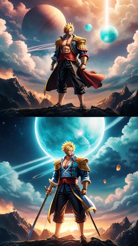  anime art: depict uranus as the mysterious ancient weapon in one piece lore. hyperrealistic, full body, detailed clothing, highly detailed, cinematic lighting, stunningly beautiful, intricate, sharp focus, f/1. 8, 85mm, (centered image composition), (professionally color graded), ((bright soft diffused light)), volumetric fog, trending on instagram, trending on tumblr, HDR 4K, 8K