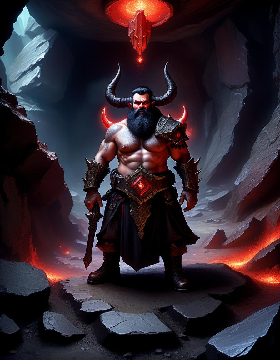  role playing game (rpg) style fantasy portrait of dwarf with black hair, black beard, black horns, red skin, demonic eyes in the underground base of a deep rock galaxy mining company . detailed, vibrant, immersive, reminiscent of high fantasy rpg games, oil painting, hkmagic