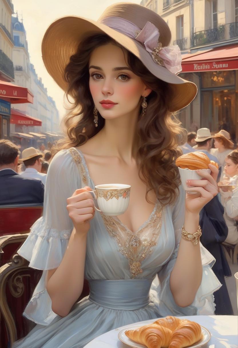  elegant woman in a dress and hat on montmarte drinking coffee and eating croissants. paris. charming, delicate, long brown hair, brown eyes, chiffon light dress, artist konstantin razumov, shabby chic, fine art, klimt and mucha, artist serge marshennikov, keep the face the same, just enlarge the image size