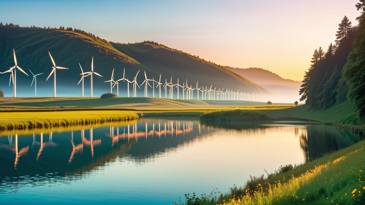  a vibrant landscape showcasing diverse renewable energy sources: towering wind turbines on rolling hills, gleaming solar panels in a sunlit field, and a serene lake with floating solar farms, all under a clear blue sky. hyperrealistic, full body, detailed clothing, highly detailed, cinematic lighting, stunningly beautiful, intricate, sharp focus, f/1. 8, 85mm, (centered image composition), (professionally color graded), ((bright soft diffused light)), volumetric fog, trending on instagram, trending on tumblr, HDR 4K, 8K