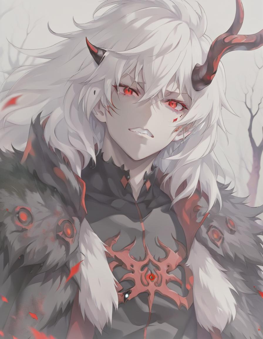  anime artwork man demon, white skin. red eyes, white hair, red horns, black fur coat, dense forest in the background . anime style, key visual, vibrant, studio anime, highly detailed