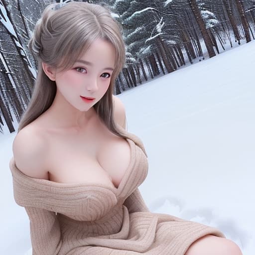  a lady must nude her big chest and she wear woolen dress in her bottom sitting in the snow road