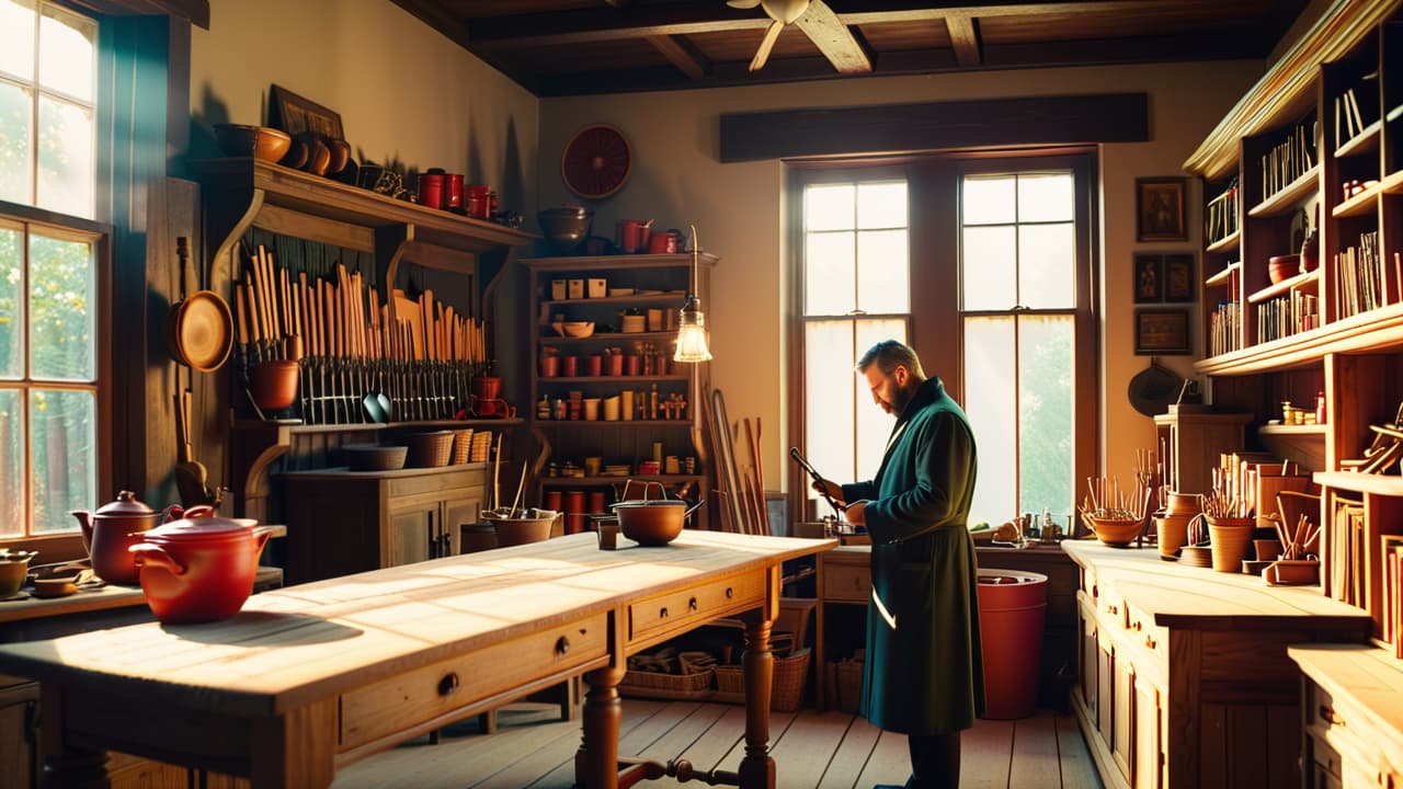  a rustic workshop filled with handcrafted wooden items: intricate furniture, decorative carvings, and tools. sunlight streams through a window, illuminating sawdust in the air. a satisfied craftsman examines a finished piece with pride. hyperrealistic, full body, detailed clothing, highly detailed, cinematic lighting, stunningly beautiful, intricate, sharp focus, f/1. 8, 85mm, (centered image composition), (professionally color graded), ((bright soft diffused light)), volumetric fog, trending on instagram, trending on tumblr, HDR 4K, 8K