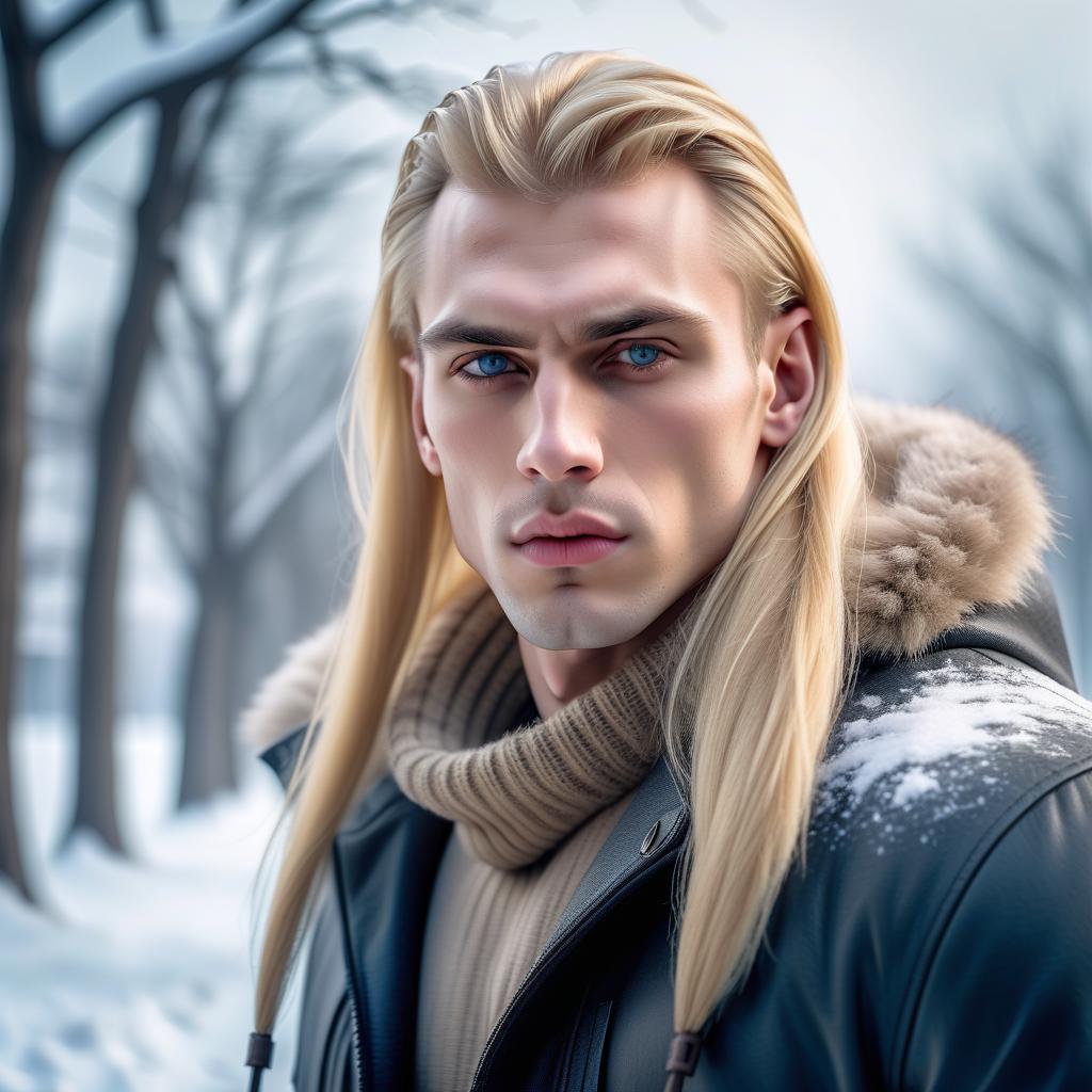  tall, brutal young man blonde with long hair, predatory, harsh, seductive and alluring look, strong willed chin, sunken cheeks and high cheekbones, smooth face, in winter clothes, in winter atmosphere, hyperrealism, good quality, clear lines, 8k, hdr, hdrs+,