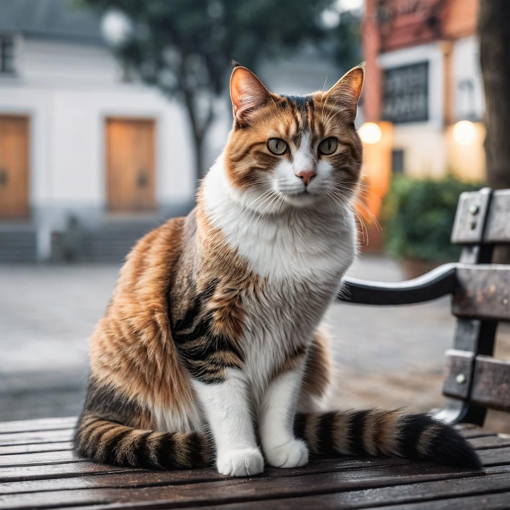  a cat sitting on a bench hyperrealistic, full body, detailed clothing, highly detailed, cinematic lighting, stunningly beautiful, intricate, sharp focus, f/1. 8, 85mm, (centered image composition), (professionally color graded), ((bright soft diffused light)), volumetric fog, trending on instagram, trending on tumblr, HDR 4K, 8K