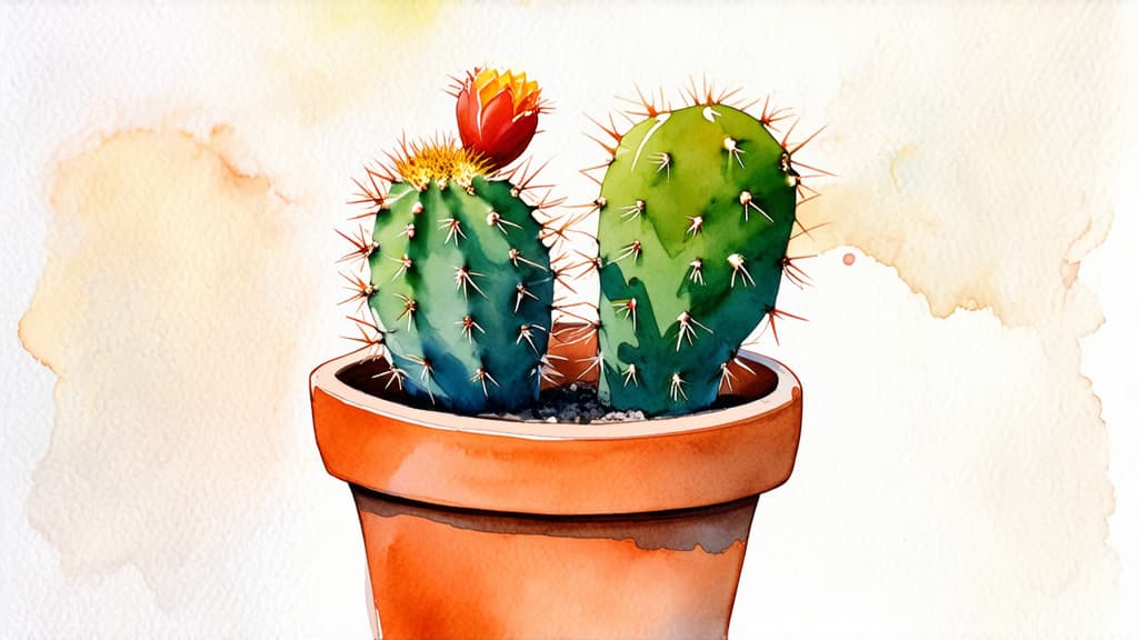  artwork cactus in clay pot in watercolor style ar 16:9, watercolor techniques, featuring fluid colors, subtle gradients, transparency associated with watercolor art