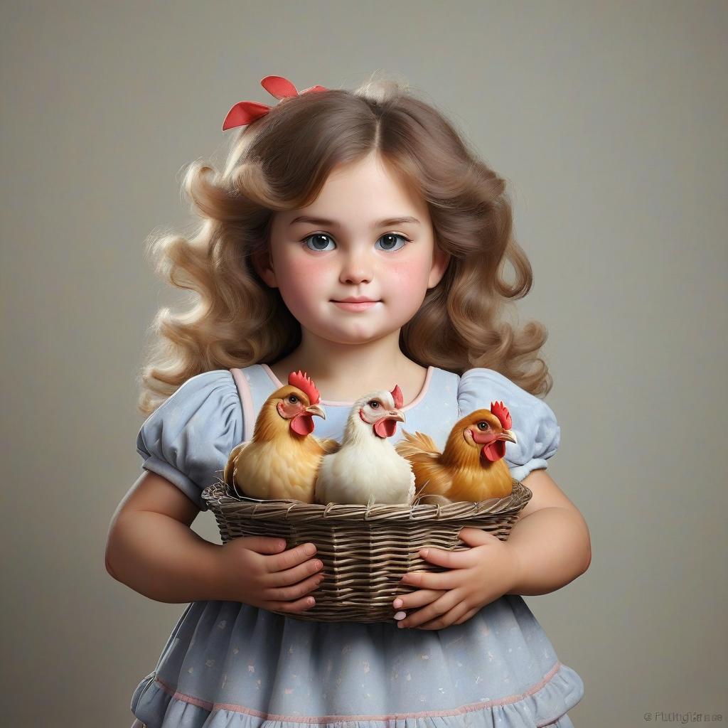  puffy girl holding a basket of chickens