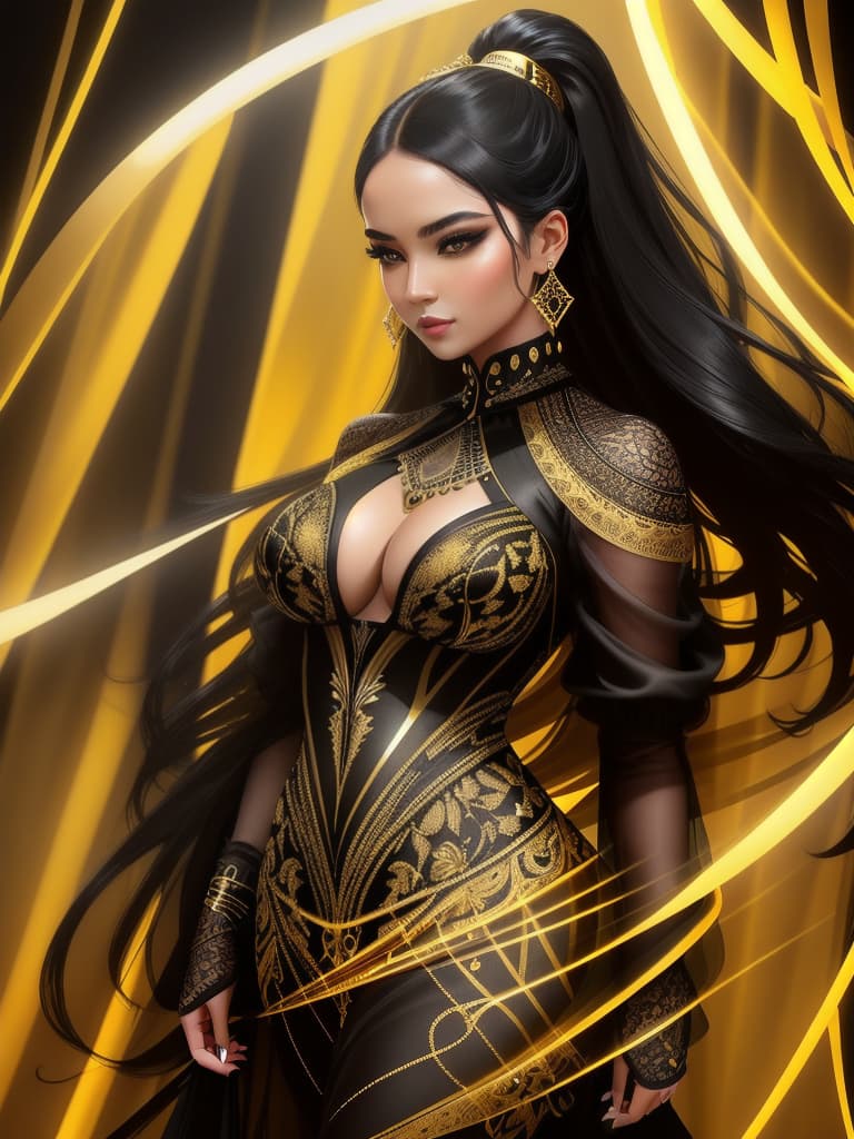  Golden yellow and sleek black color palette, captivating and inviting expression, exuding elegance and charm, magnetic beauty, intricate details, high contrast, luxurious feel, digital art, female, glossy finish, striking composition, dynamic lighting to enhance features.