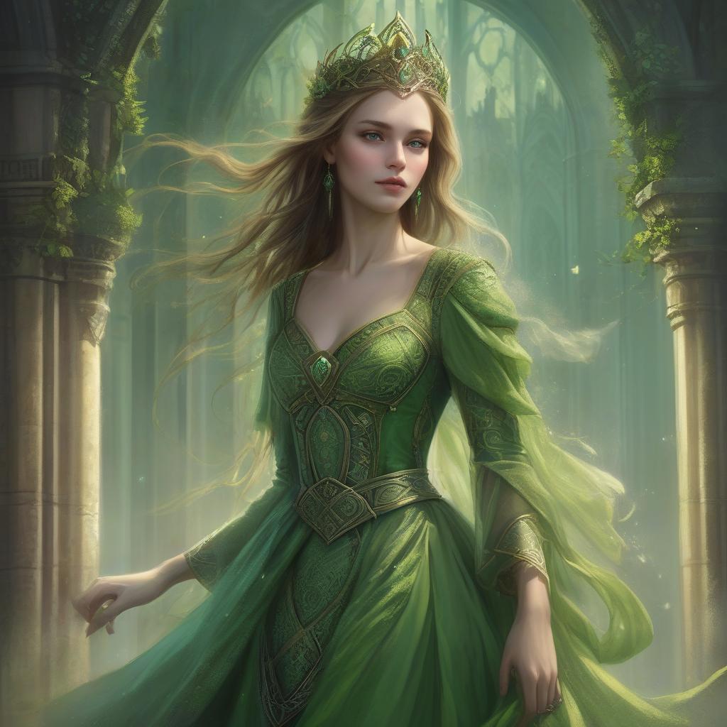  concept art a painting of a woman in a green dress, very beautiful fantasy art, beautiful fantasy art portrait, beautiful fantasy painting, dramatic fantasy art, beautiful fantasy portrait, beautiful fantasy art, celtic fantasy art, fantasy art smug smile man, highly detailed fantasy art, gothic fantasy art, digital art fantasy art, fantasy victorian art, beautiful fantasy maiden, digital art fantasy, medieval fantasy art . digital artwork, illustrative, painterly, matte painting, highly detailed